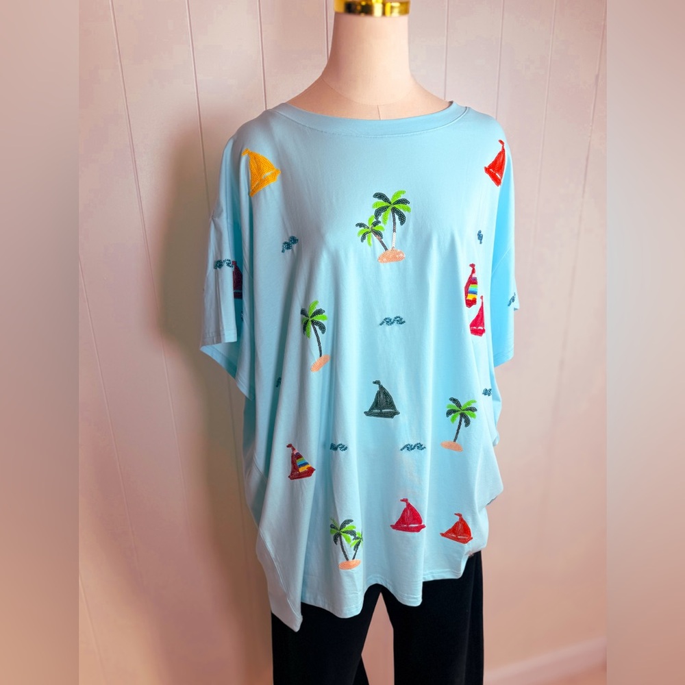 Queen of Sparkles Sail Boat & Palm Tree Icon Tee – Aqua